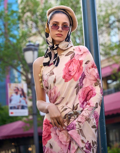 Light Cream Printed Silk Saree