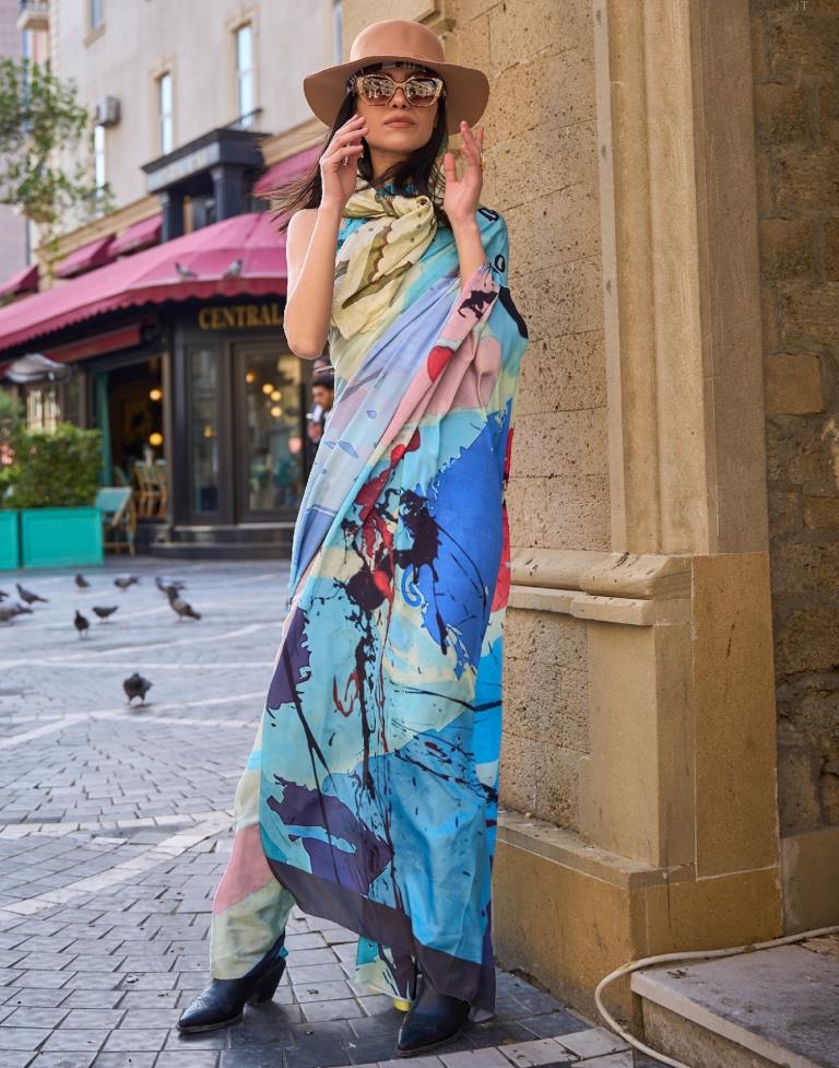 Blue Printed Silk Saree