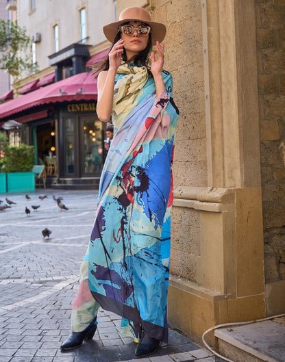 Blue Printed Silk Saree
