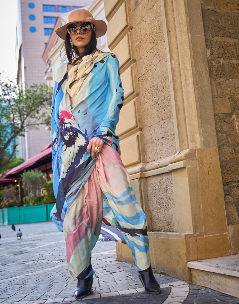 Blue Printed Silk Saree