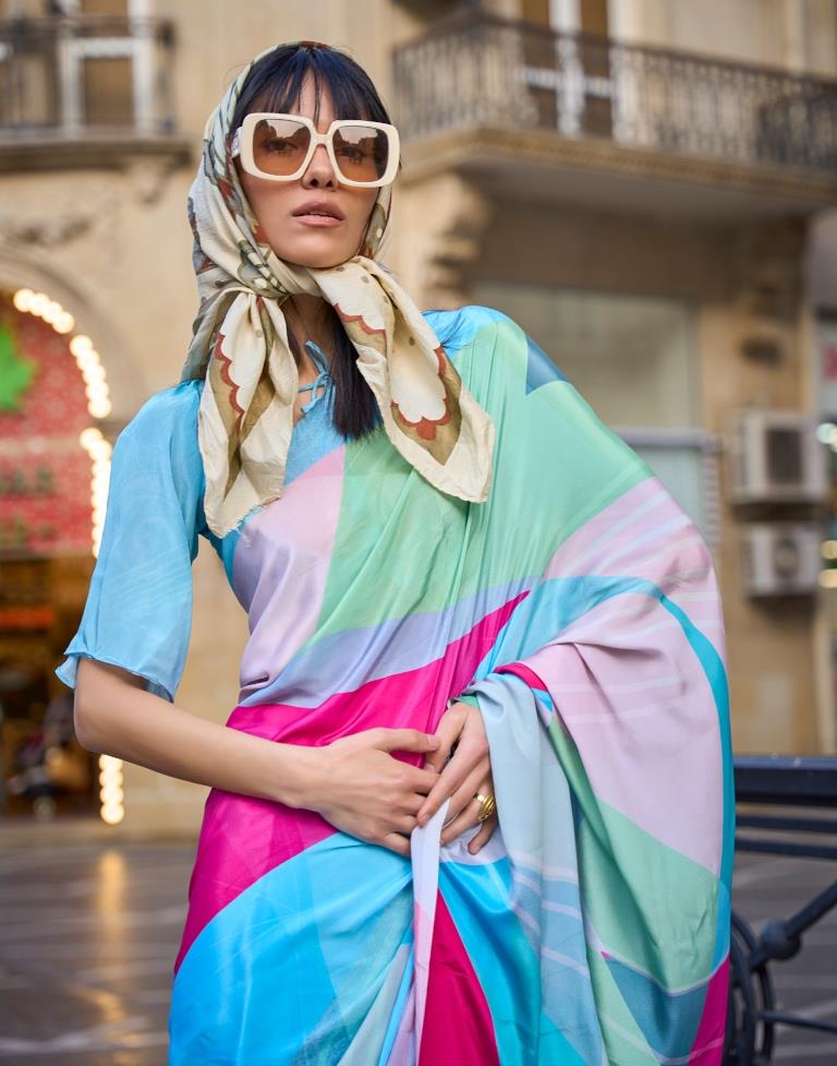 Light Blue Printed Silk Saree