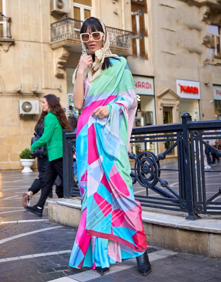 Light Blue Printed Silk Saree