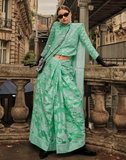 Turquoise Jacquard Organza Saree