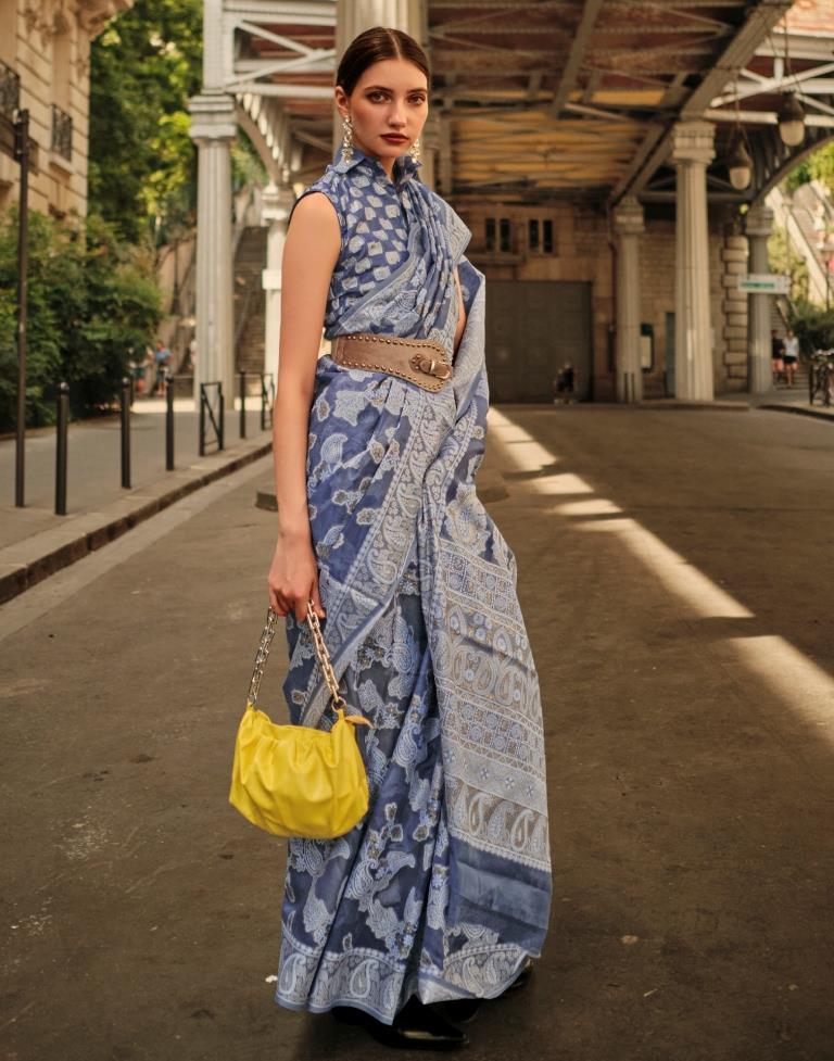 Dark Blue Jacquard Organza Saree
