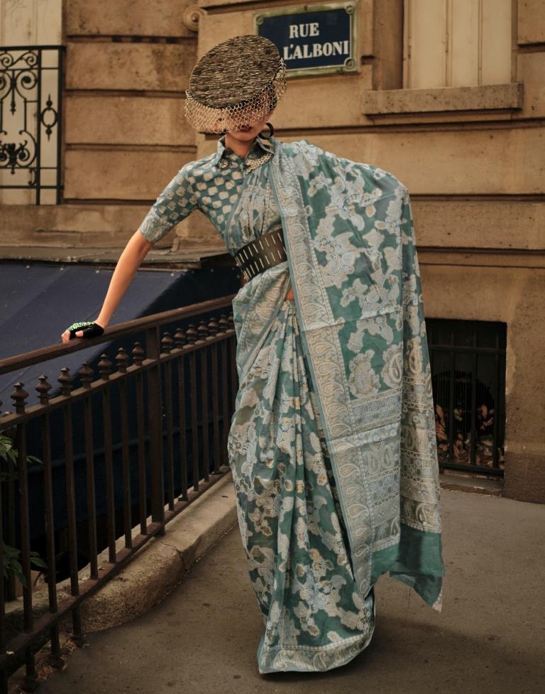 Dark Green Jacquard Organza Saree