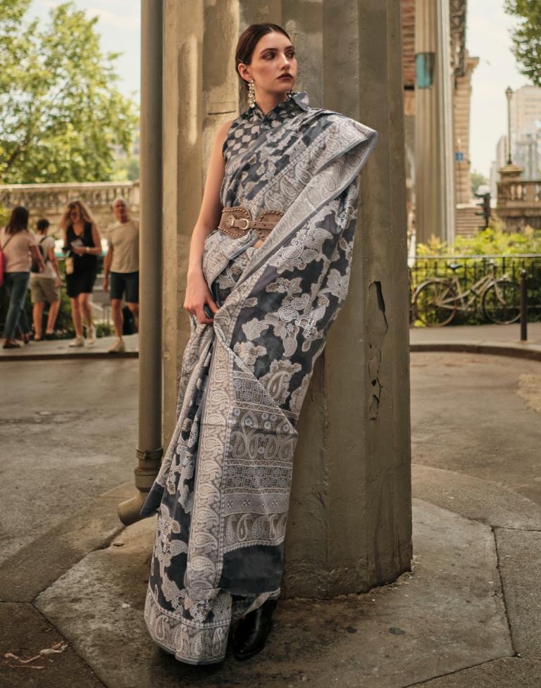 Grey Jacquard Organza Saree