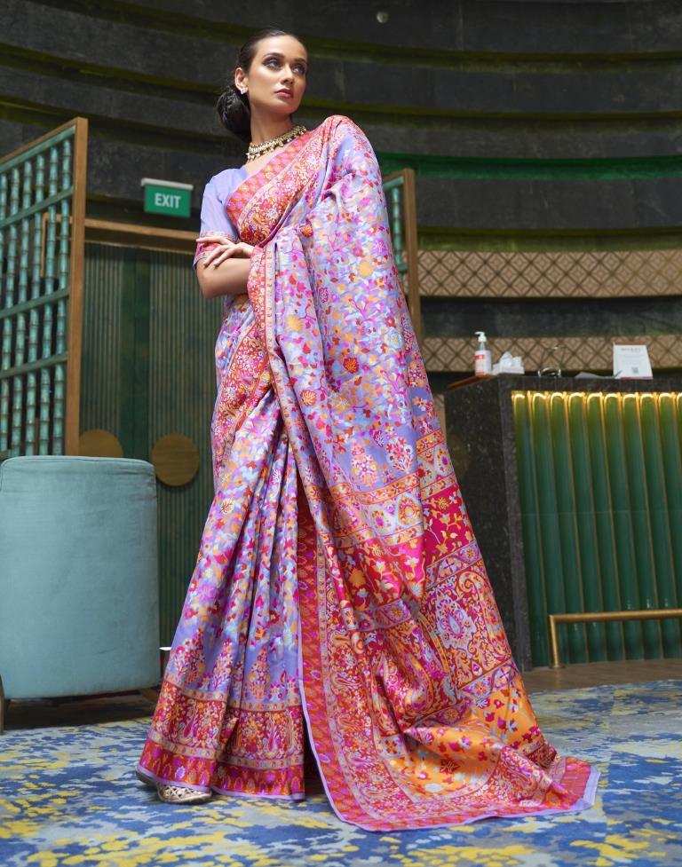 Lavender & Multicoloured Weaving Silk Saree
