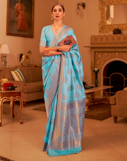 Sky Blue Jacquard Silk Saree