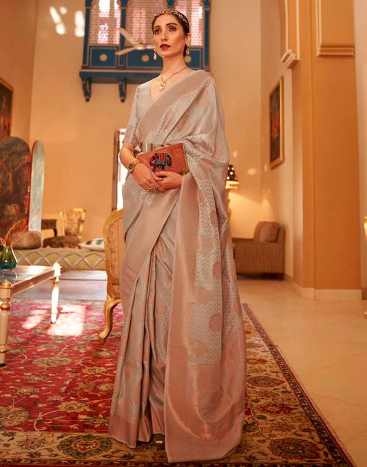 Beige Jacquard Silk Saree