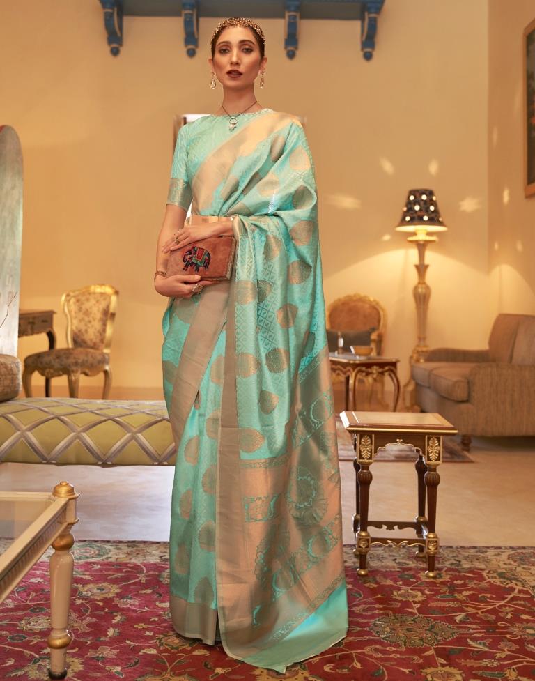 Turquoise Jacquard Silk Saree