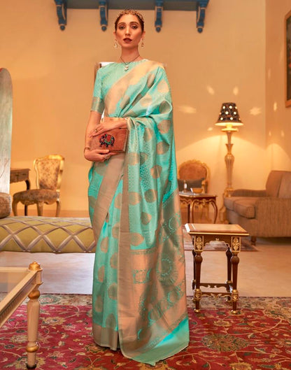 Turquoise Jacquard Silk Saree
