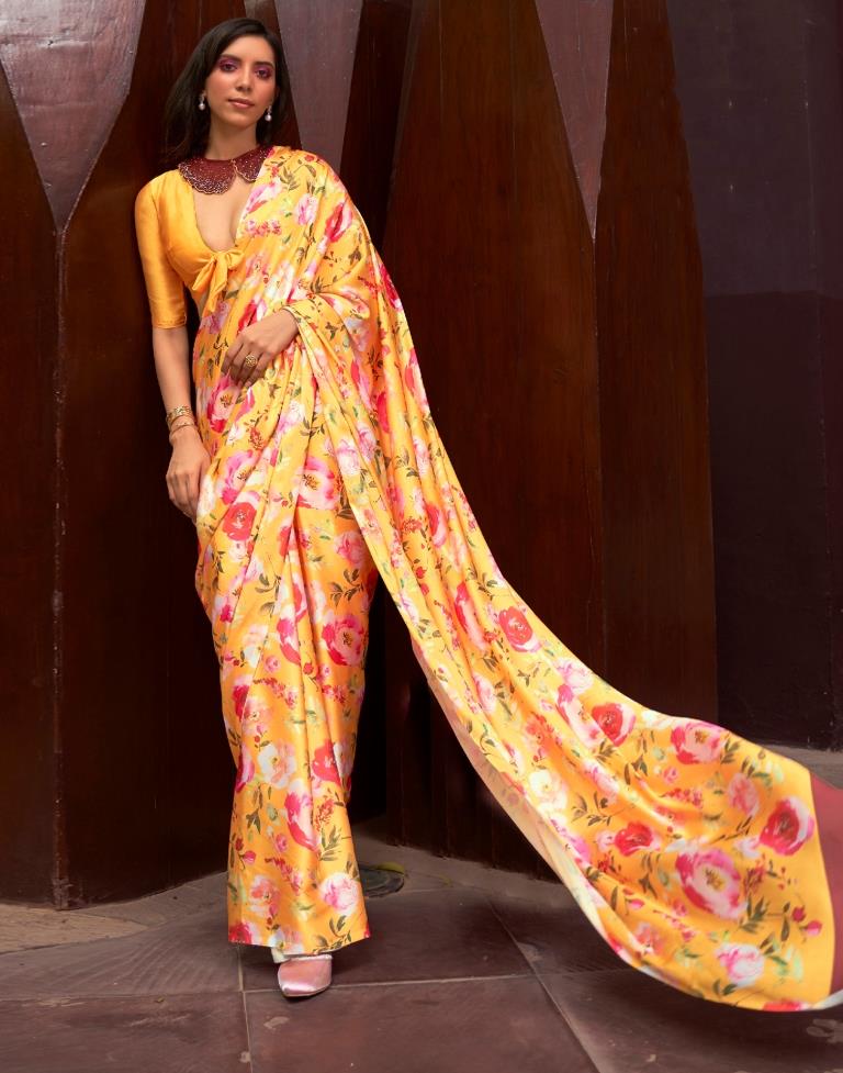 Yellow Printed Silk Saree