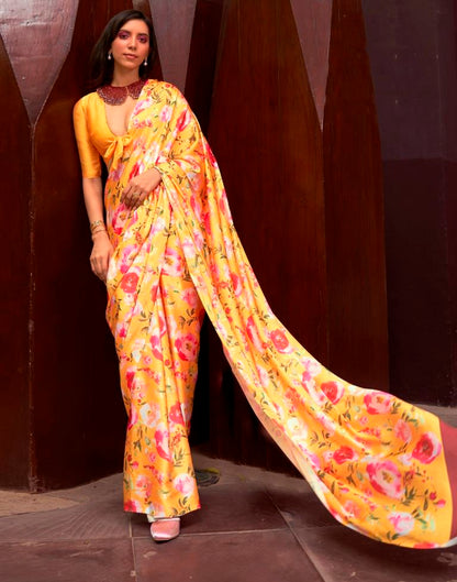 Yellow Printed Silk Saree