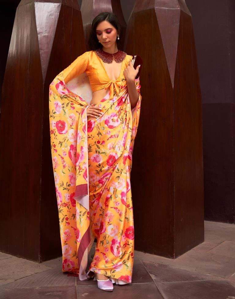 Yellow Printed Silk Saree