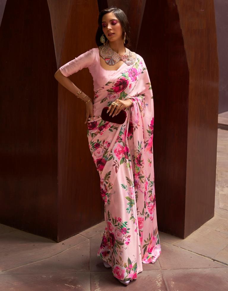Light Pink Printed Silk Saree