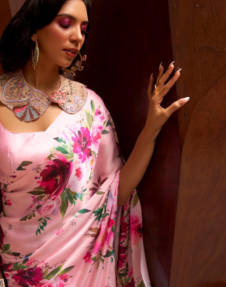Light Pink Printed Silk Saree