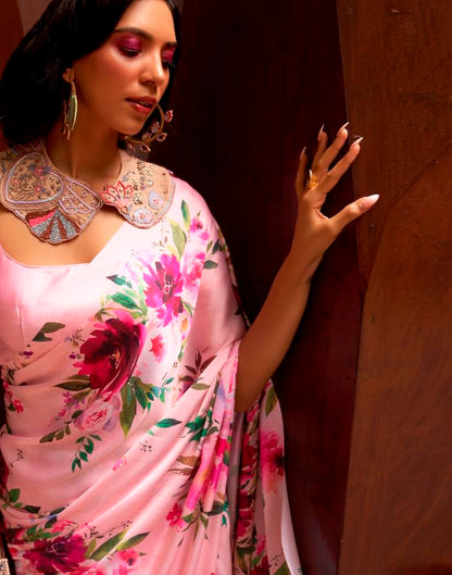 Light Pink Printed Silk Saree