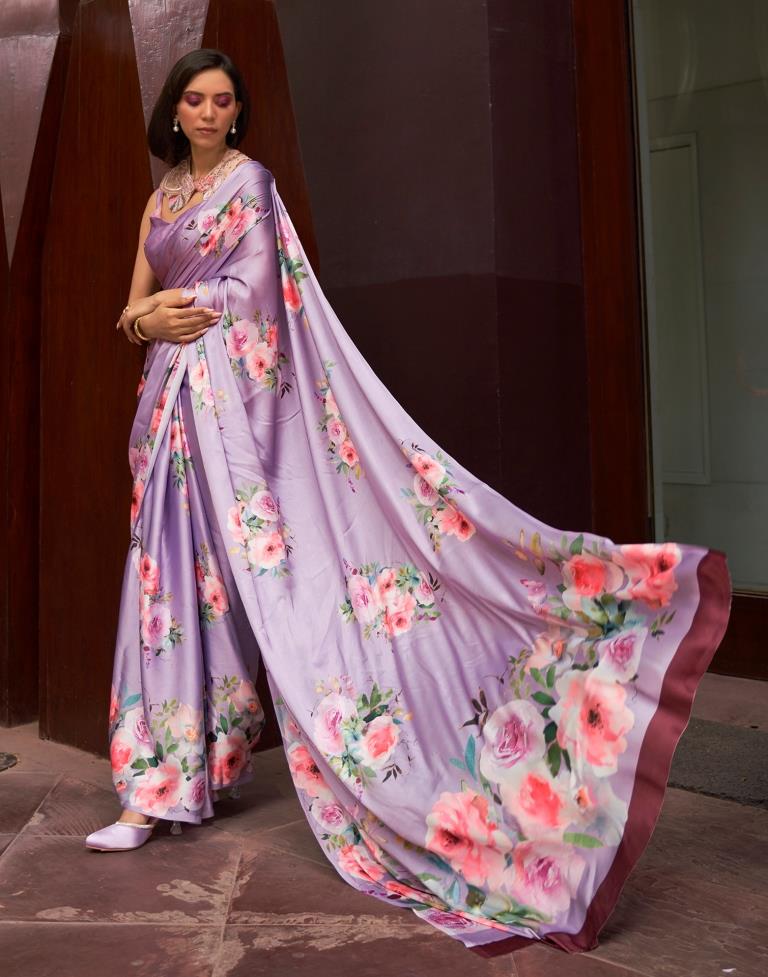 Lavender & Multicoloured Printed Silk Saree