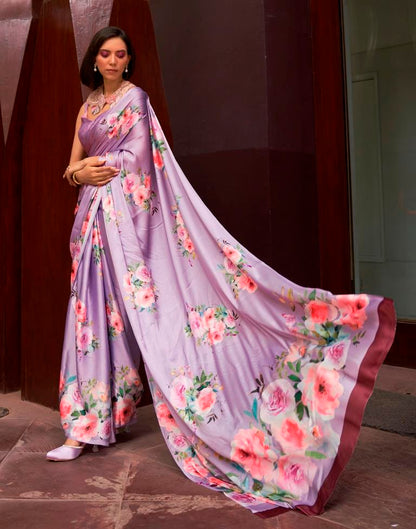 Lavender & Multicoloured Printed Silk Saree