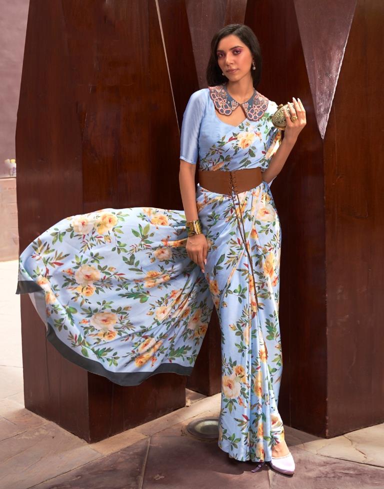 Light Blue Printed Silk Saree