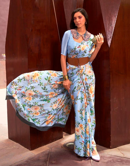 Light Blue Printed Silk Saree
