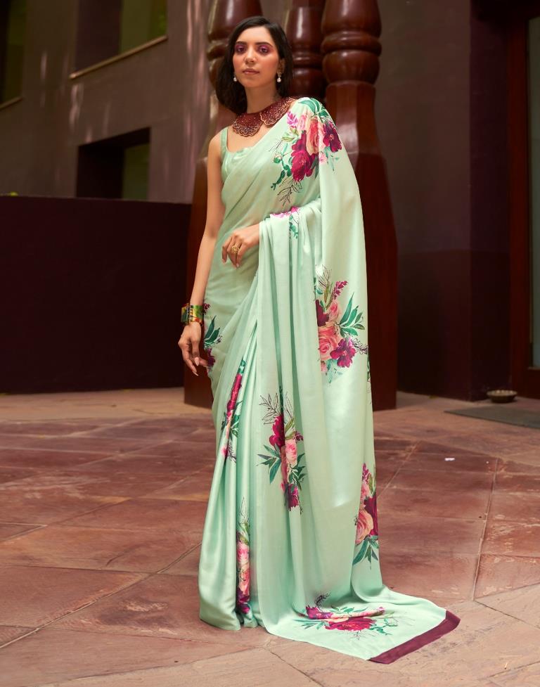 Pastel Green Printed Silk Saree