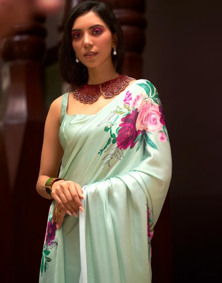 Pastel Green Printed Silk Saree
