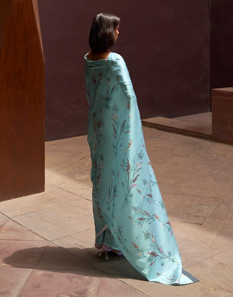 Pastel Teal Printed Silk Saree