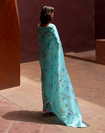 Pastel Teal Printed Silk Saree
