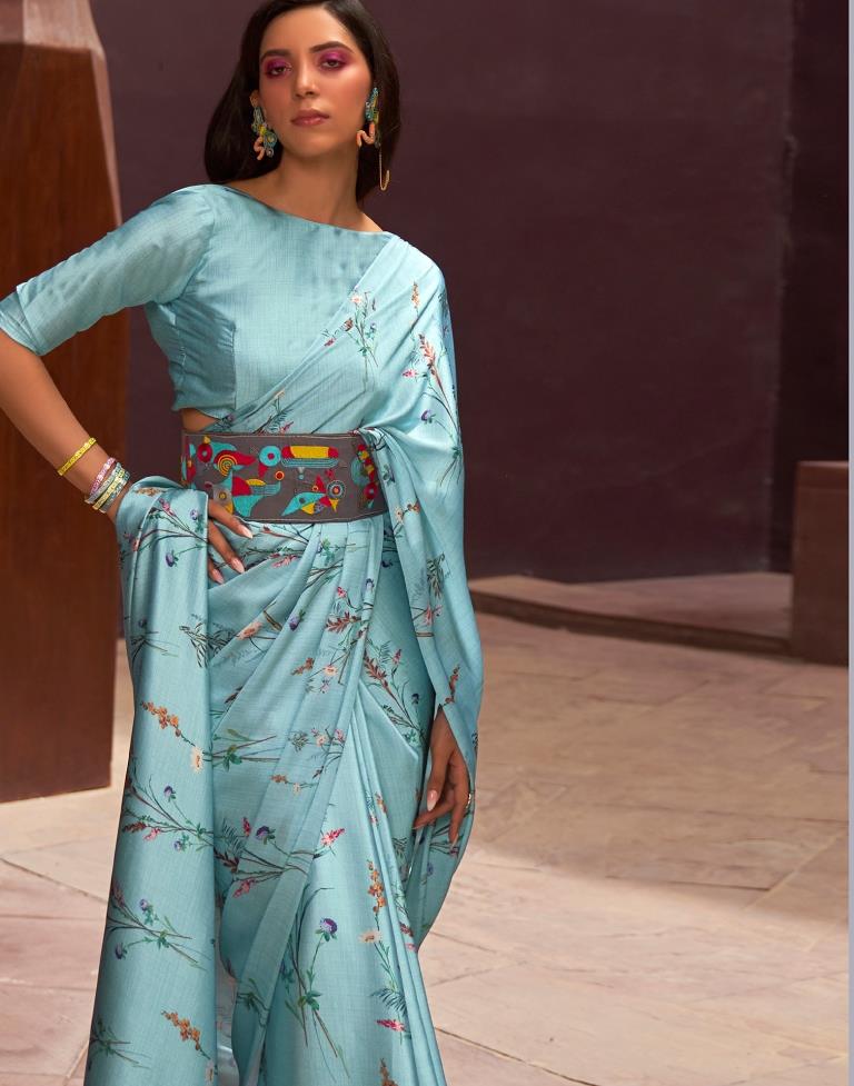 Pastel Teal Printed Silk Saree