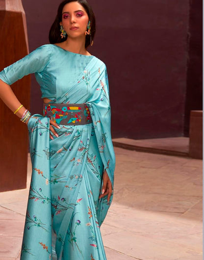 Pastel Teal Printed Silk Saree