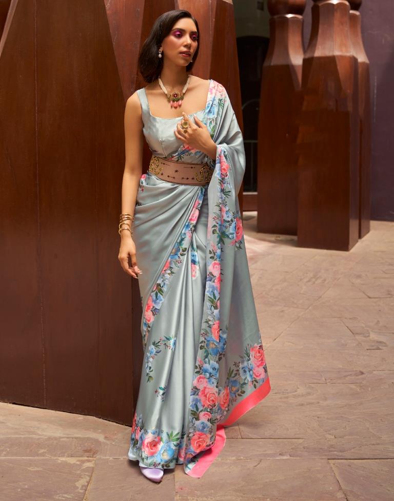 Grey & Multicoloured Printed Silk Saree