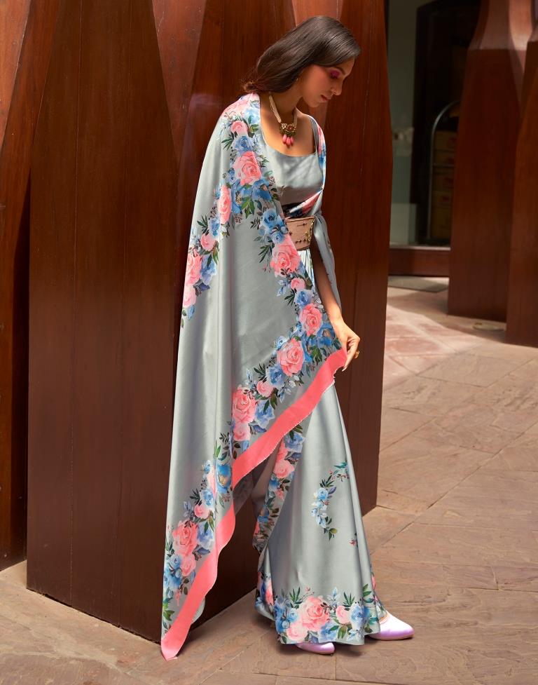 Grey & Multicoloured Printed Silk Saree