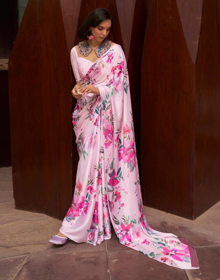 Pastel Pink Printed Silk Saree