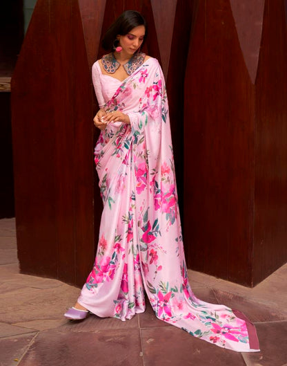 Pastel Pink Printed Silk Saree