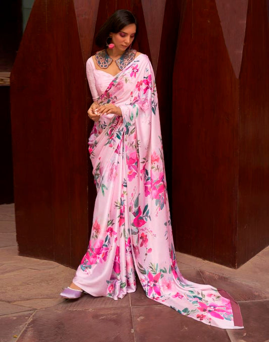 Pastel Pink Printed Silk Saree