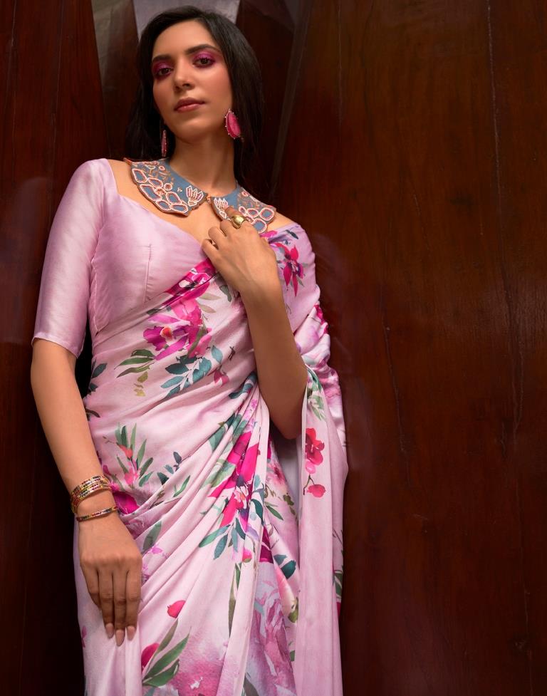 Pastel Pink Printed Silk Saree