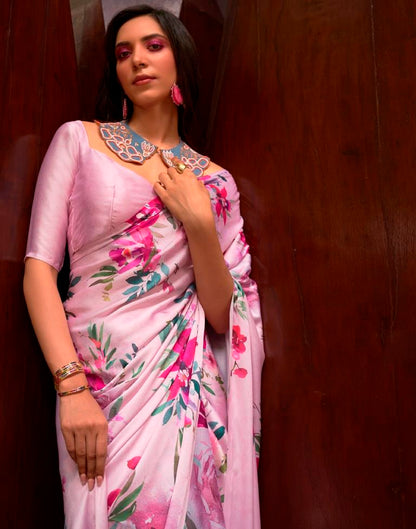 Pastel Pink Printed Silk Saree