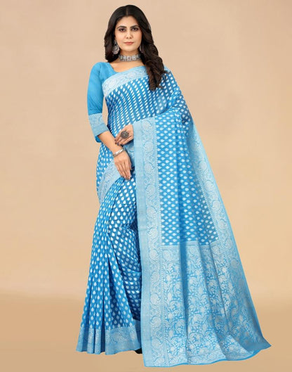 Sky Blue Cotton Woven Saree