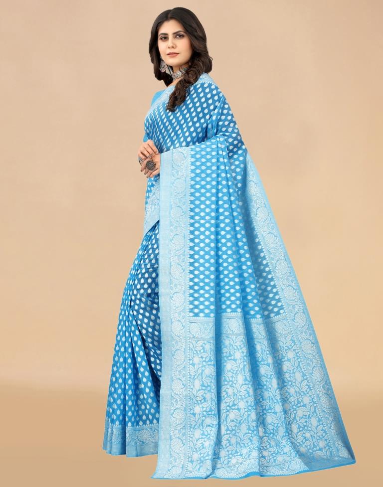 Sky Blue Cotton Woven Saree