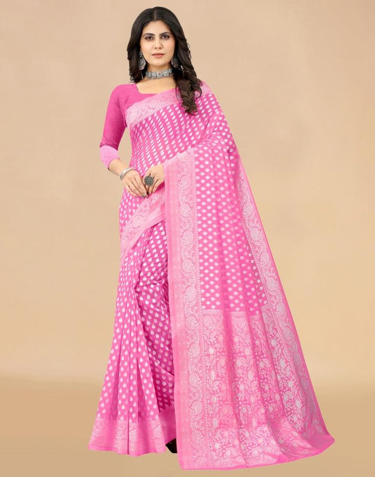 Pink Cotton Woven Saree