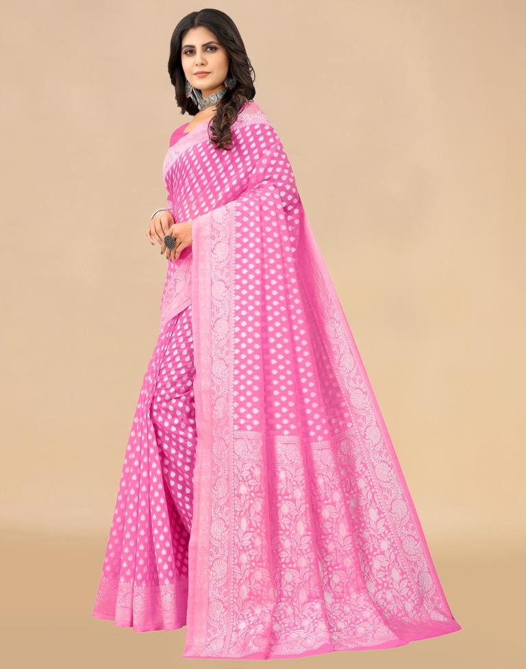 Pink Cotton Woven Saree
