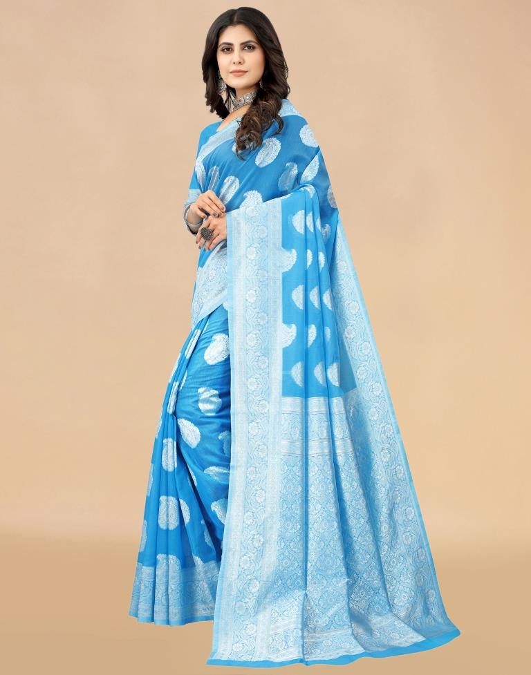 Sky Blue Cotton Woven Saree