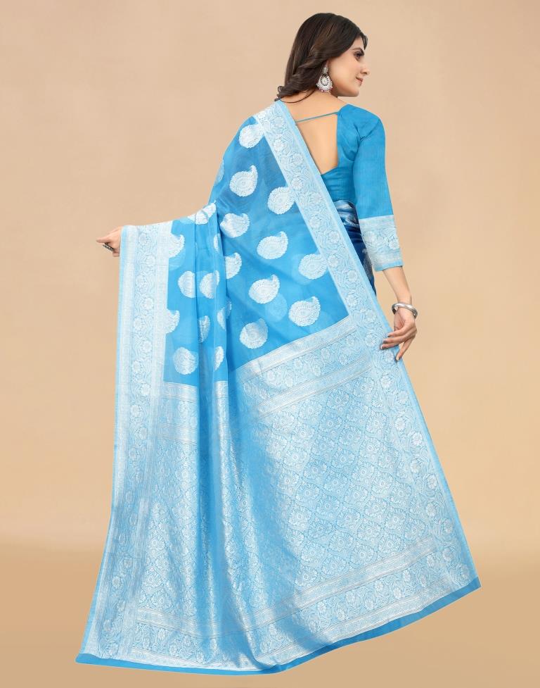 Sky Blue Cotton Woven Saree