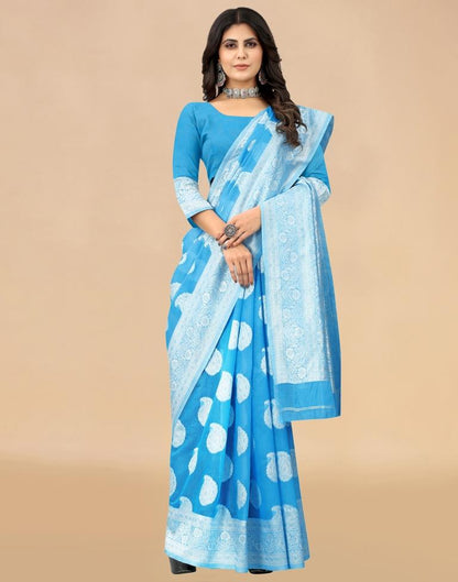 Sky Blue Cotton Woven Saree