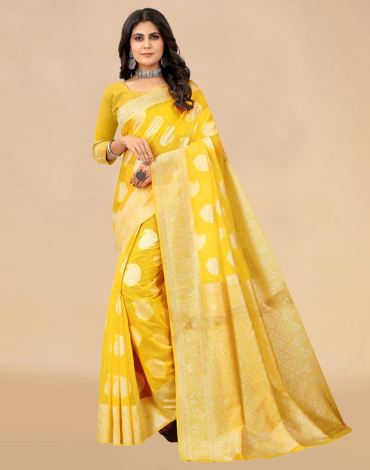 Yellow Cotton Woven Saree