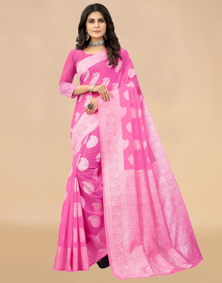Pink Cotton Woven Saree