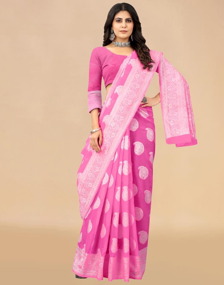 Pink Cotton Woven Saree