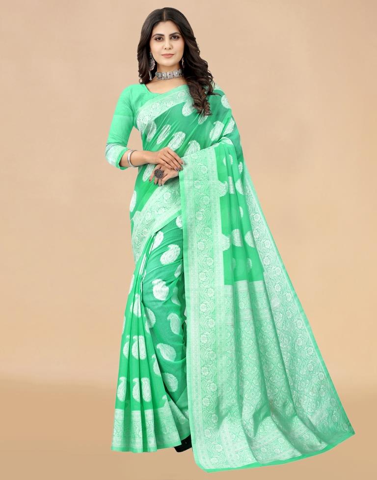 Mint Green Cotton Woven Saree