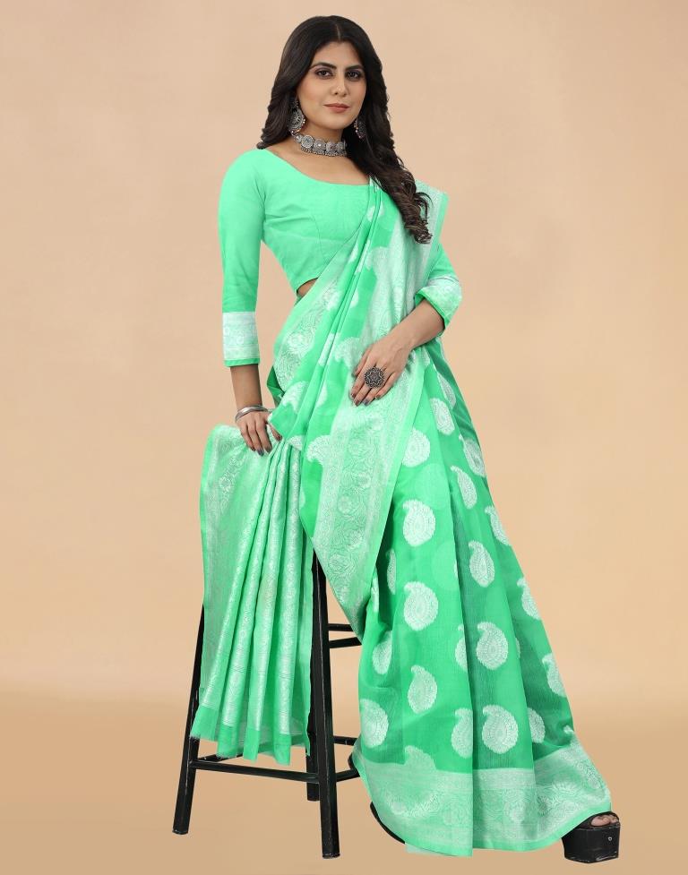 Mint Green Cotton Woven Saree